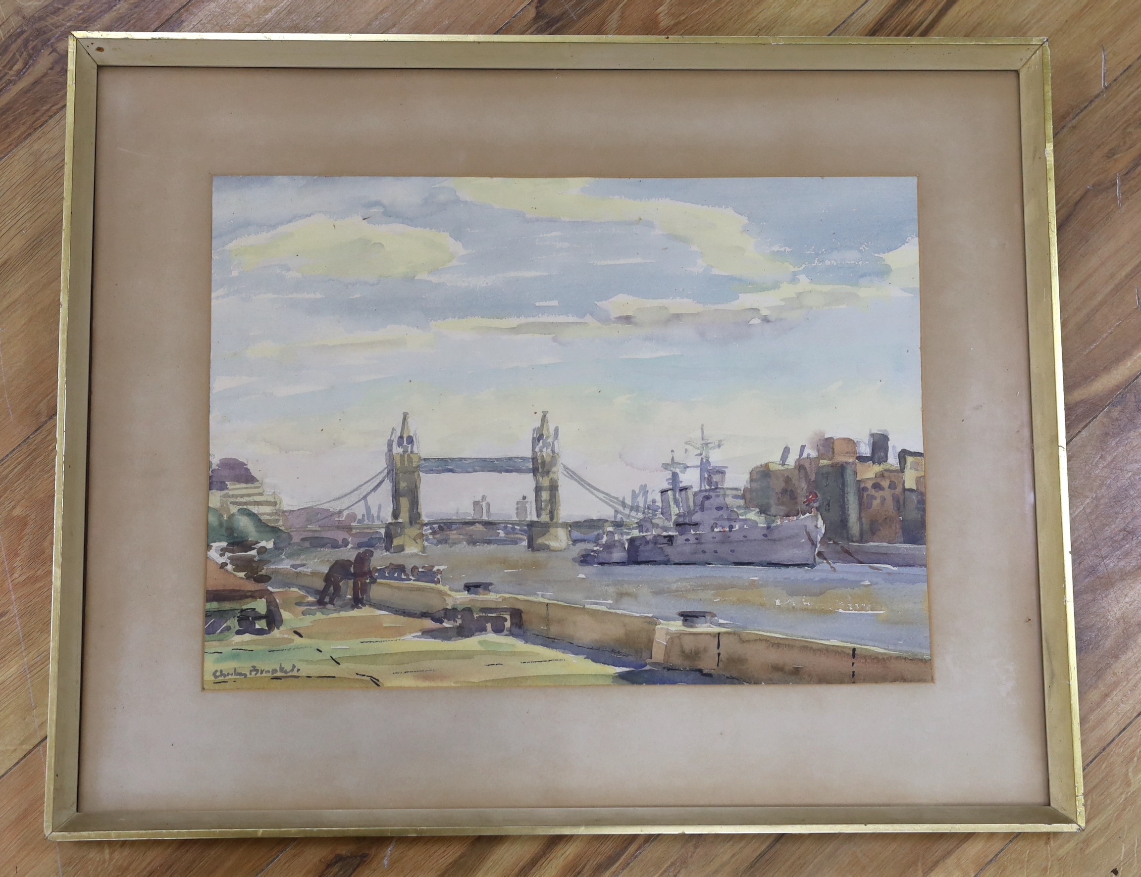 Charles Brooker (1924-2001), watercolour, Tower Bridge with HMS Belfast, signed, 34 x 48cm